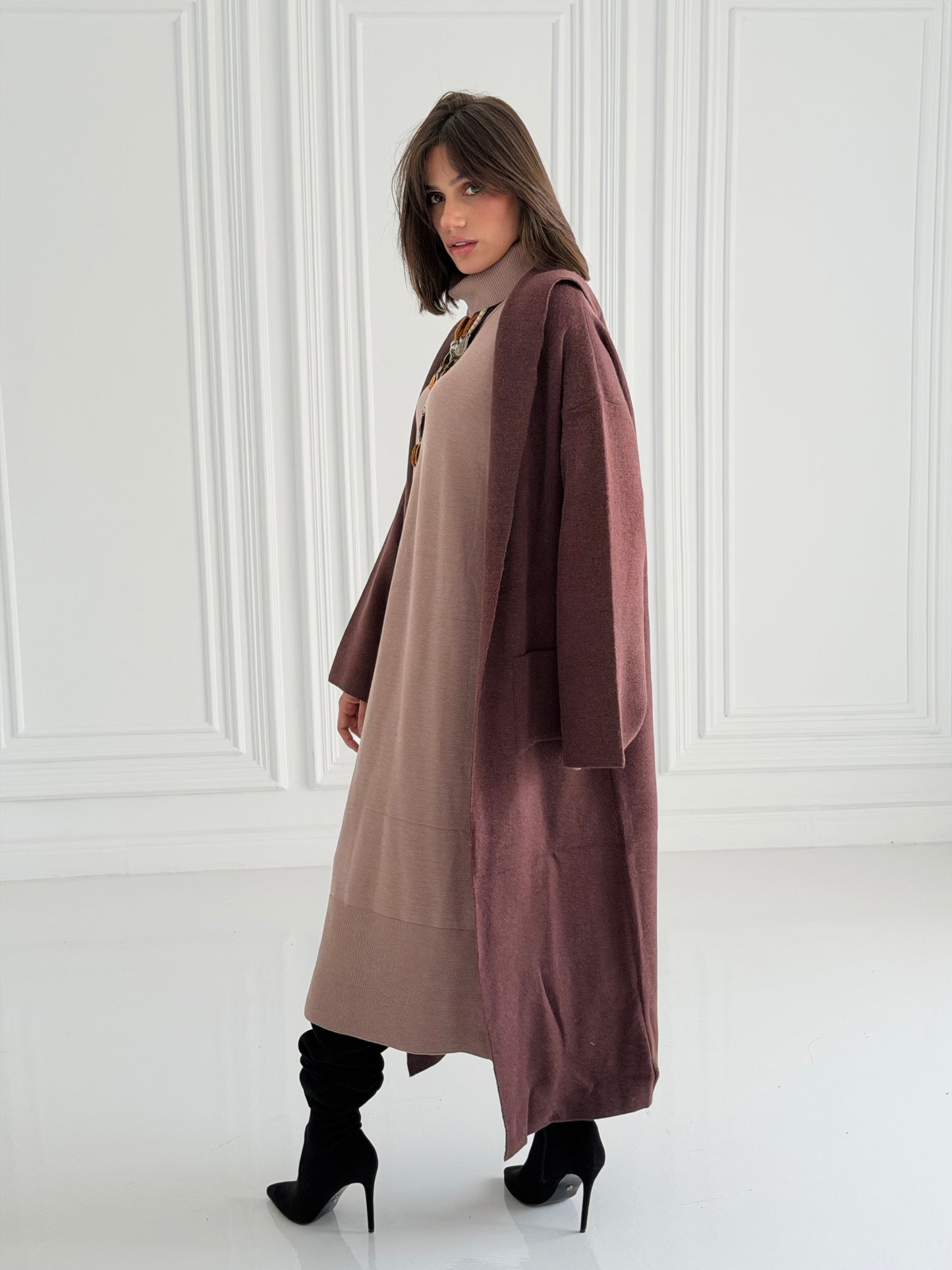 The Tranquil Knit Maxi Coat In Brown