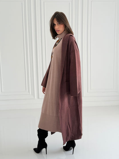 The Tranquil Knit Maxi Coat In Brown