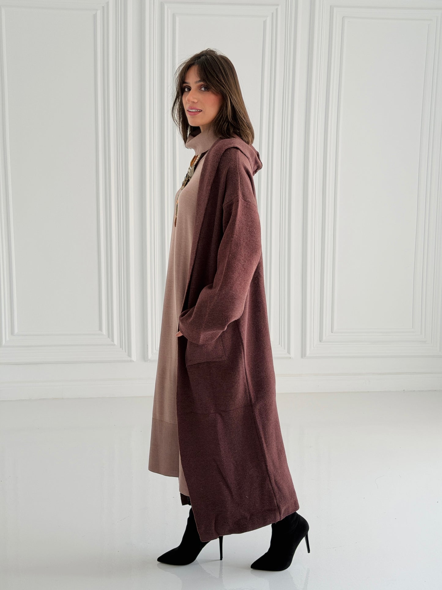 The Tranquil Knit Maxi Coat In Brown