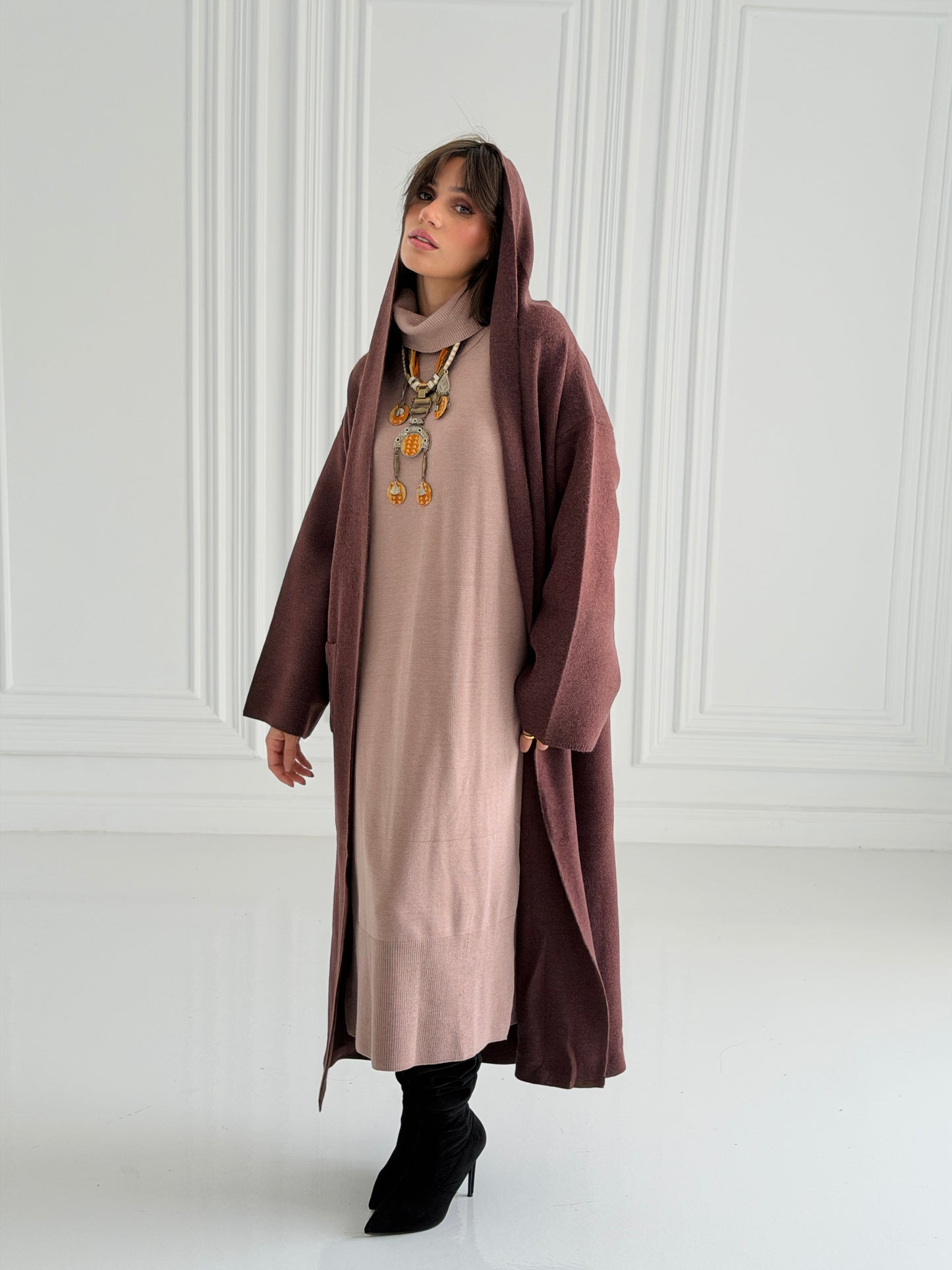 The Tranquil Knit Maxi Coat In Brown