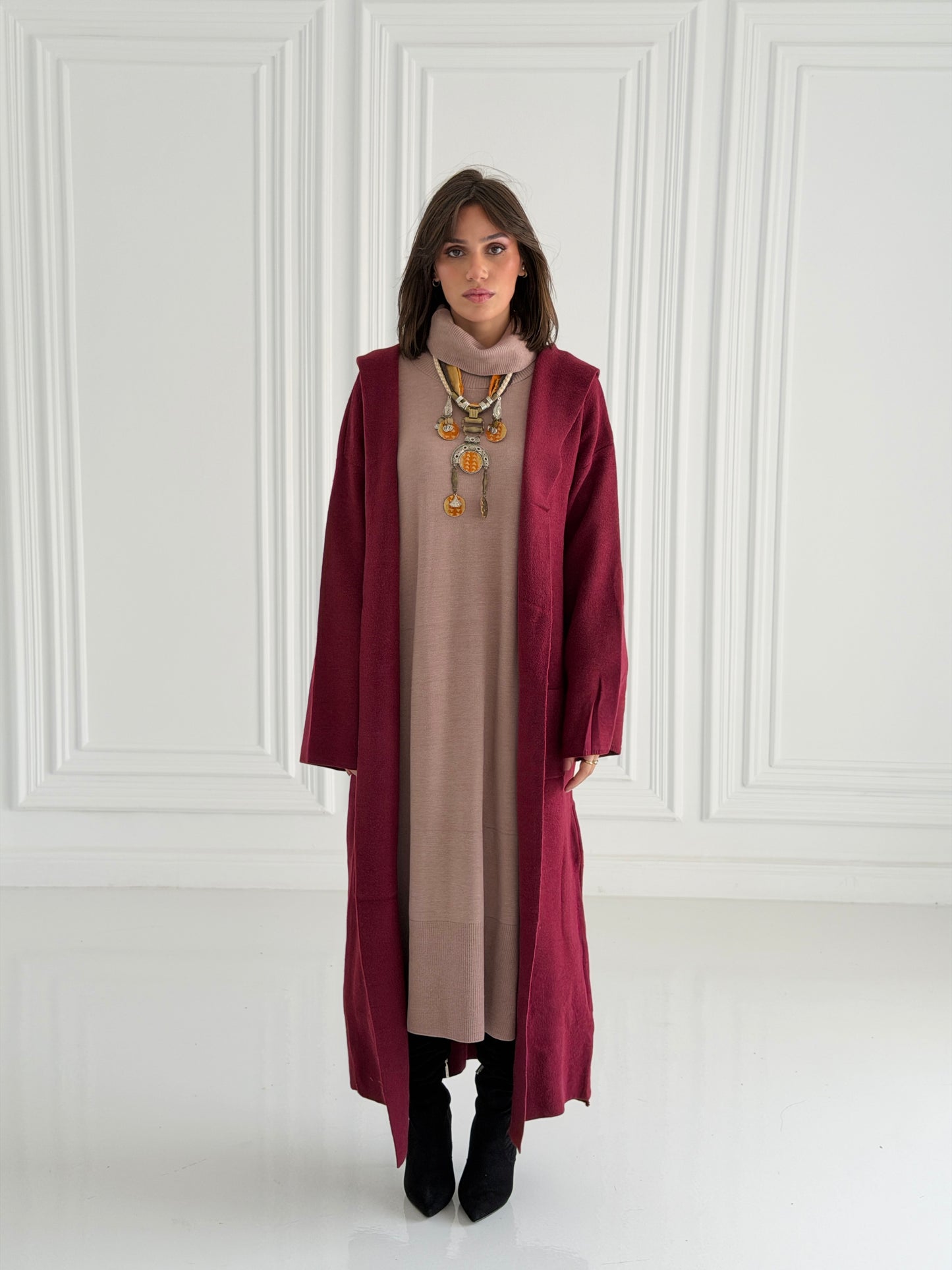 The Tranquil Knit Maxi Coat In Burgundy