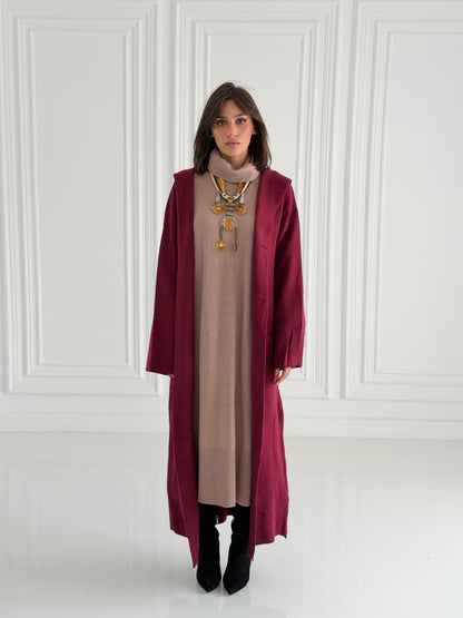 The Tranquil Knit Maxi Coat In Burgundy