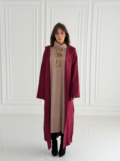 The Tranquil Knit Maxi Coat In Burgundy