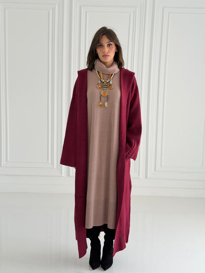 The Tranquil Knit Maxi Coat In Burgundy
