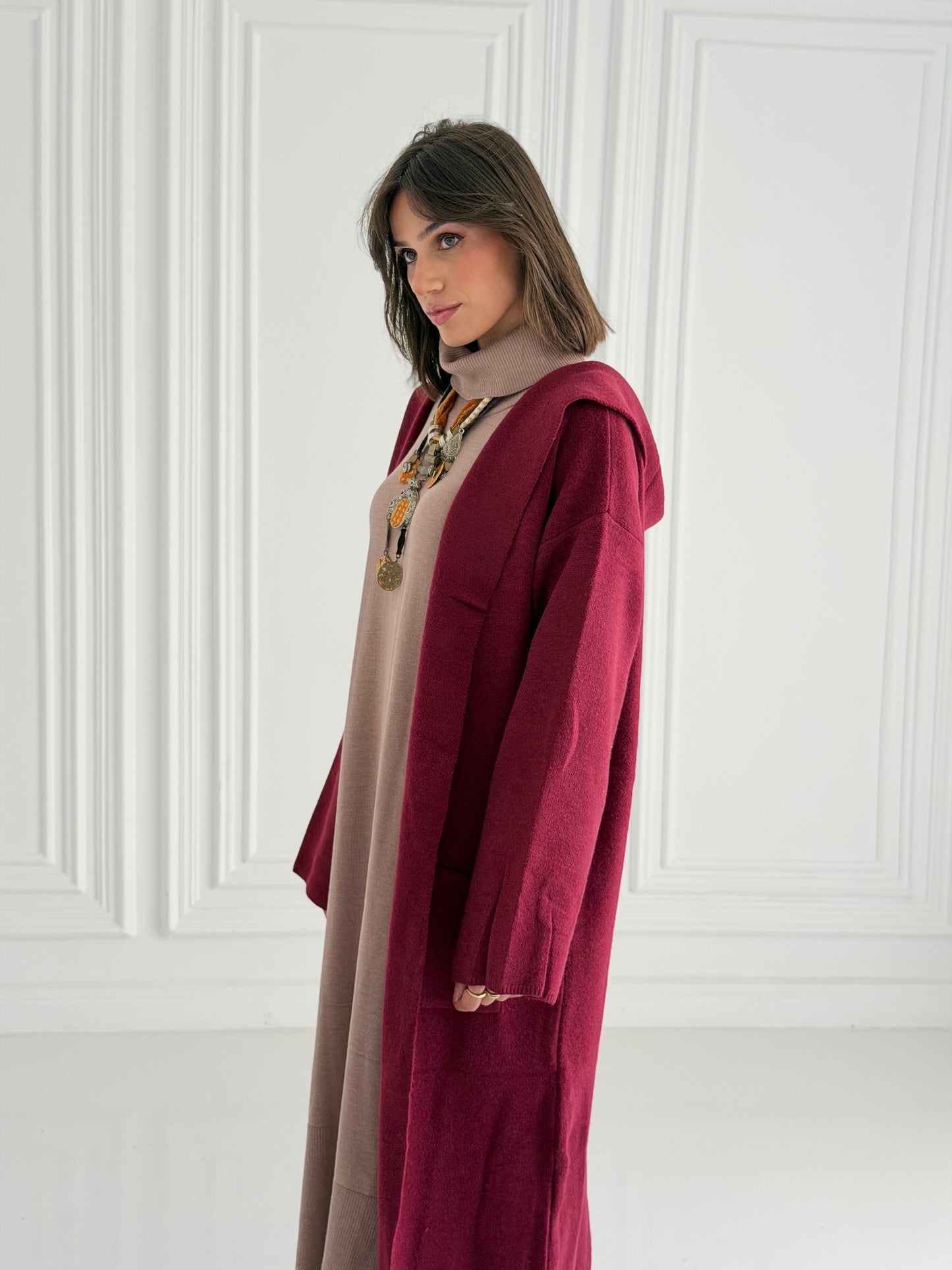 The Tranquil Knit Maxi Coat In Burgundy