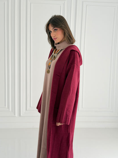 The Tranquil Knit Maxi Coat In Burgundy