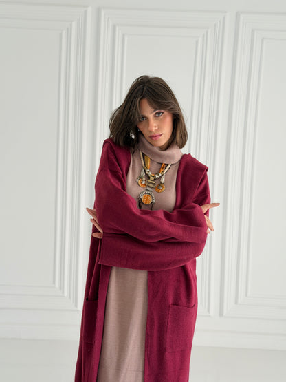 The Tranquil Knit Maxi Coat In Burgundy