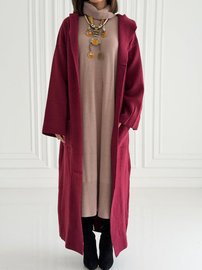 The Tranquil Knit Maxi Coat In Burgundy