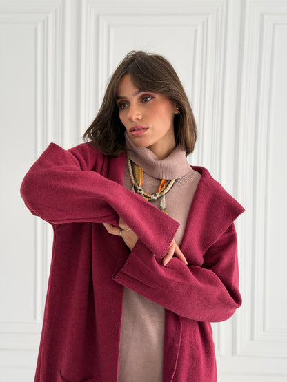 The Tranquil Knit Maxi Coat In Burgundy
