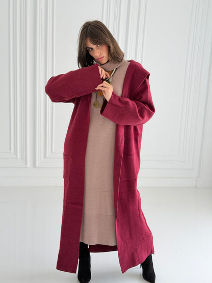 The Tranquil Knit Maxi Coat In Burgundy