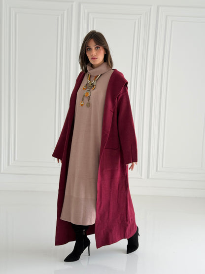 The Tranquil Knit Maxi Coat In Burgundy