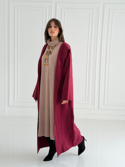 The Tranquil Knit Maxi Coat In Burgundy