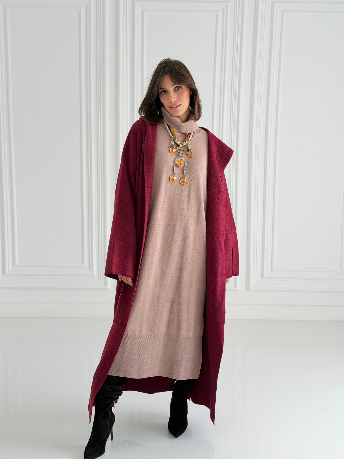 The Tranquil Knit Maxi Coat In Burgundy