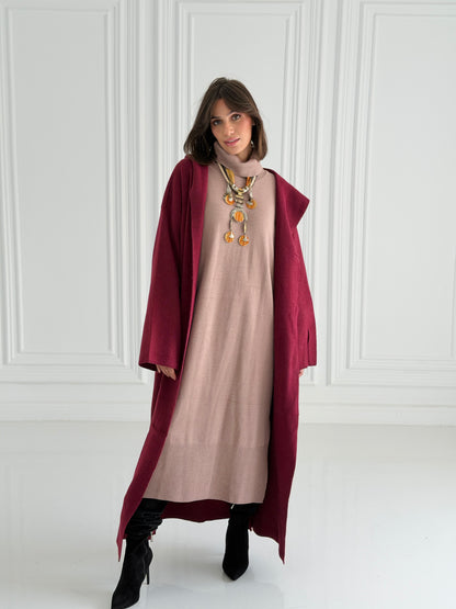 The Tranquil Knit Maxi Coat In Burgundy