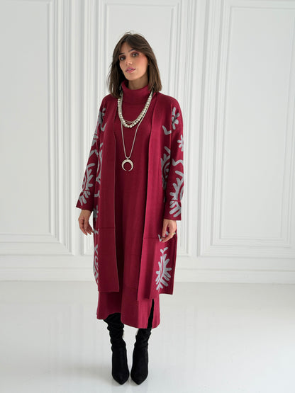 Boho Knitted coat In burgundy