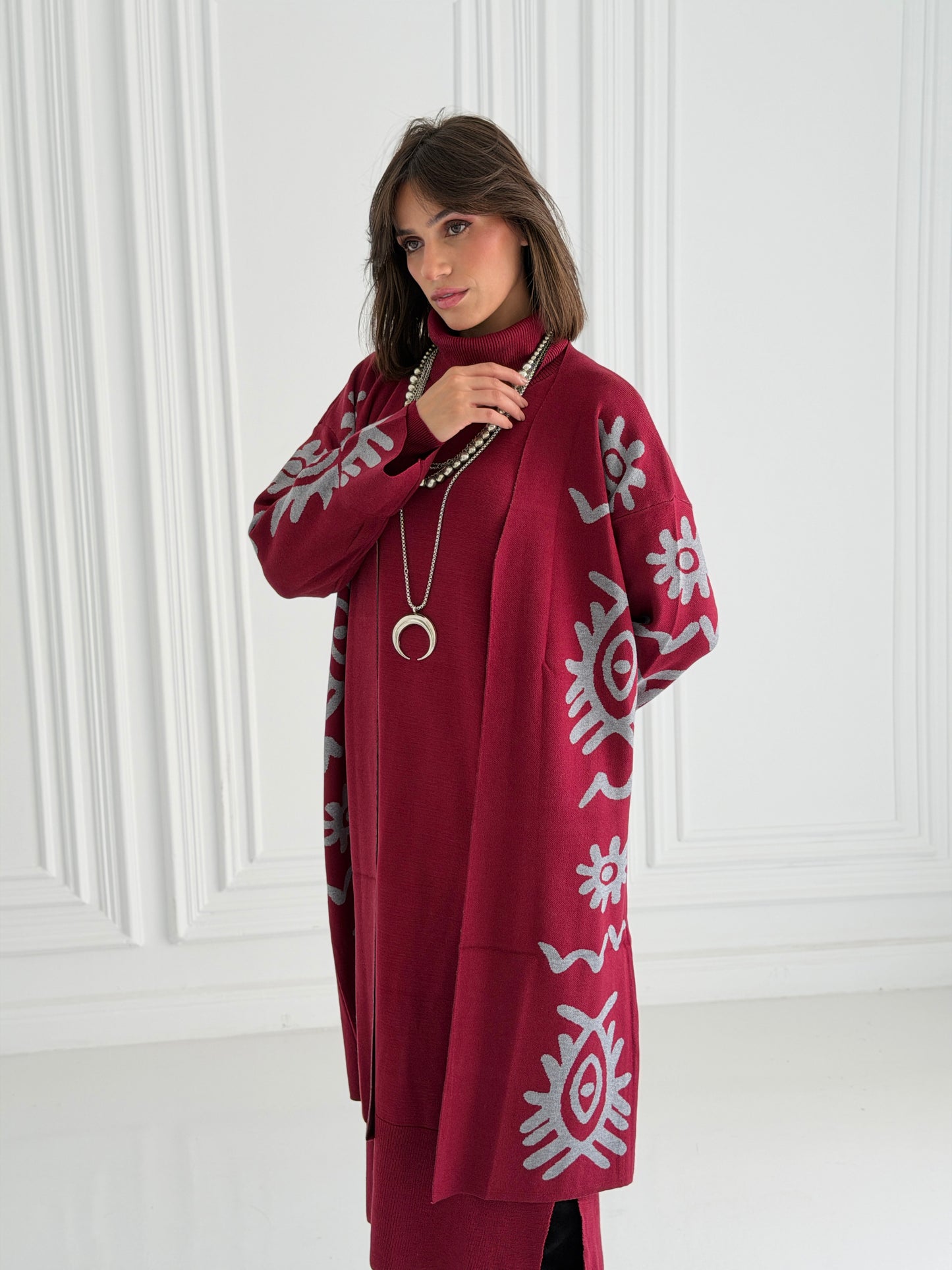 Boho Knitted coat In burgundy