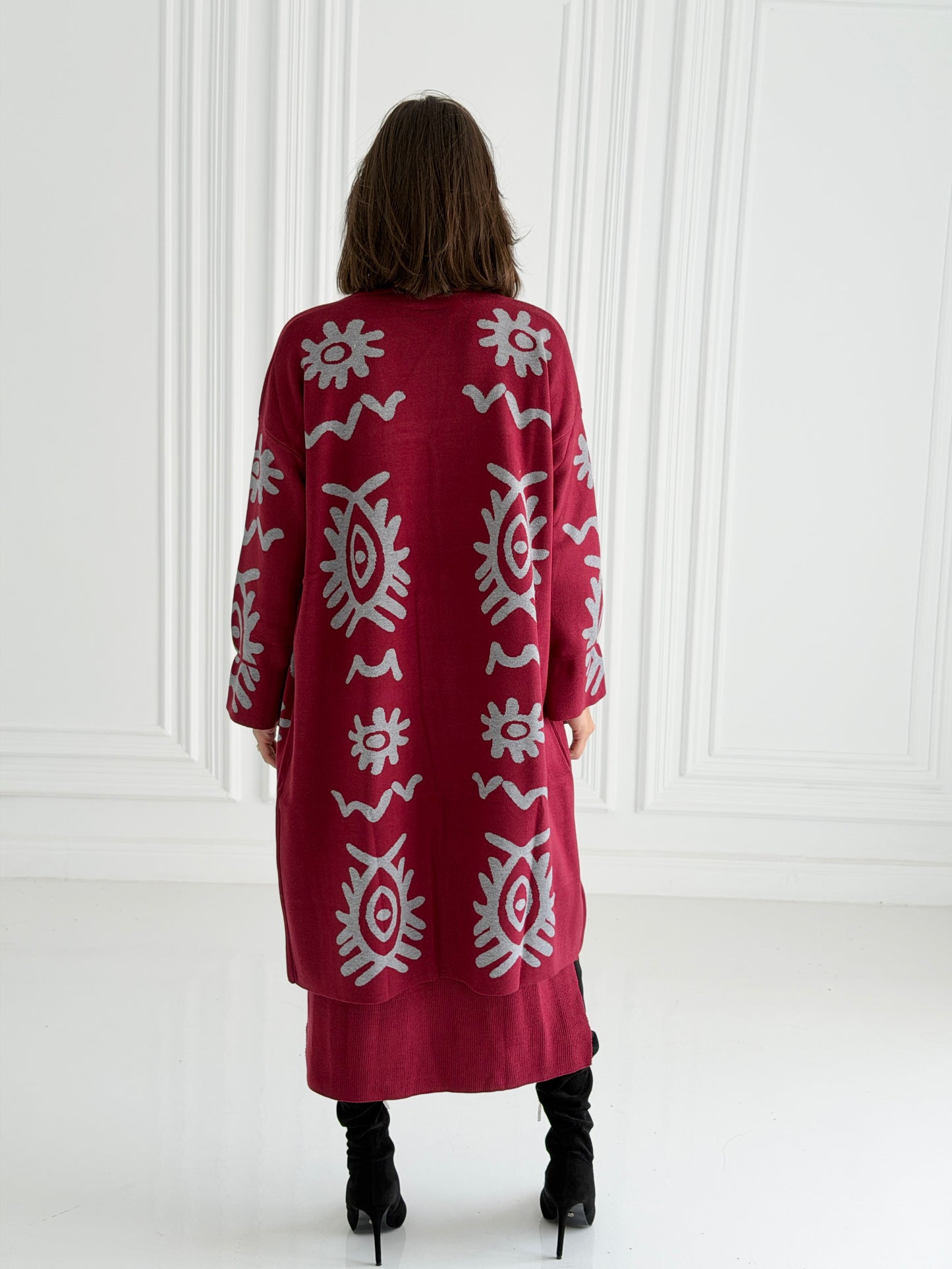 Boho Knitted coat In burgundy