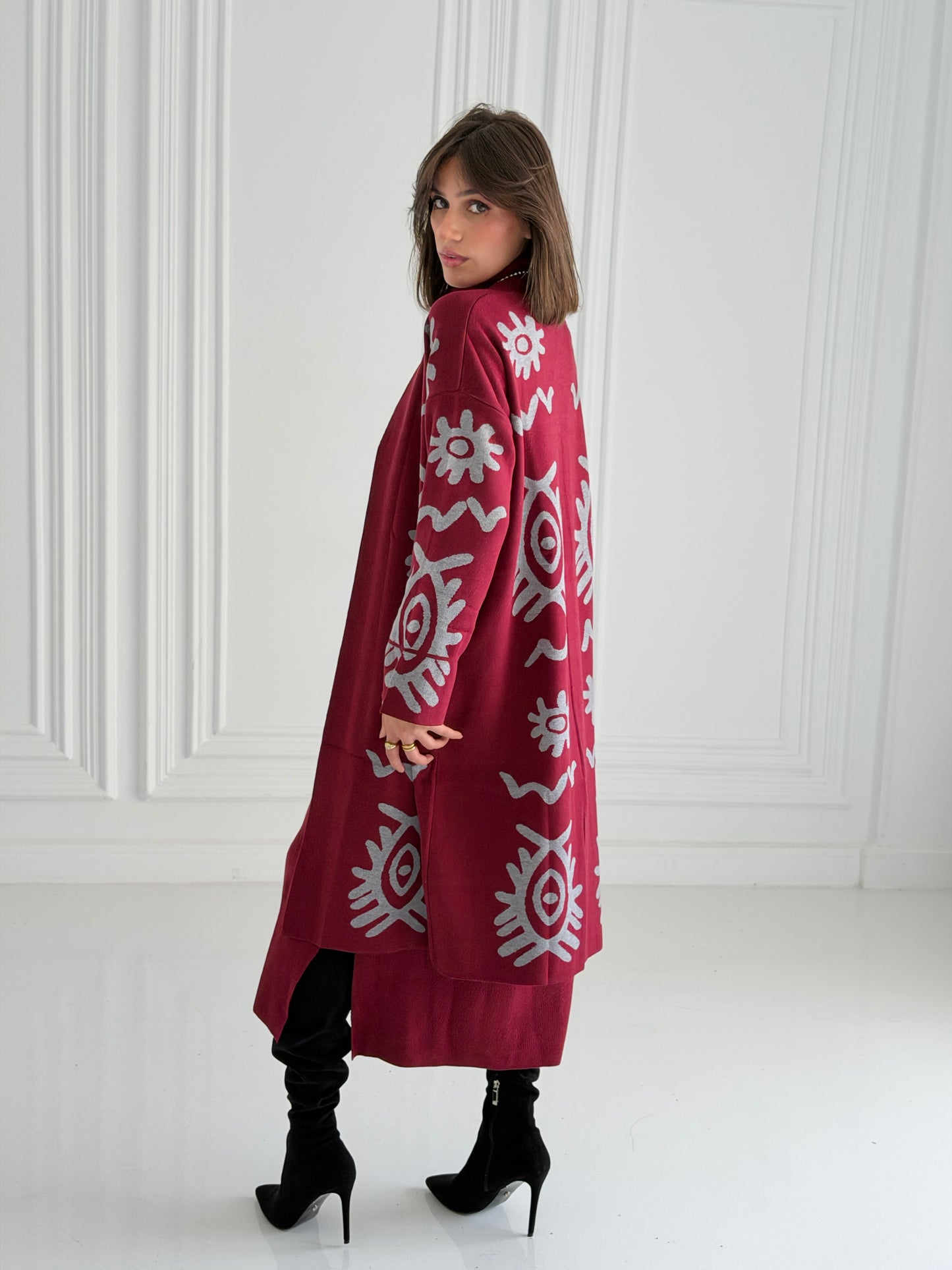 Boho Knitted coat In burgundy