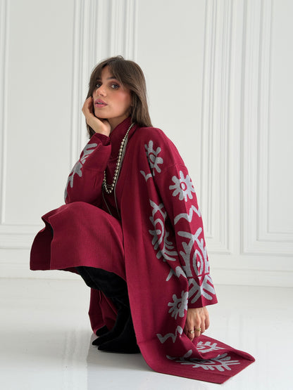 Boho Knitted coat In burgundy
