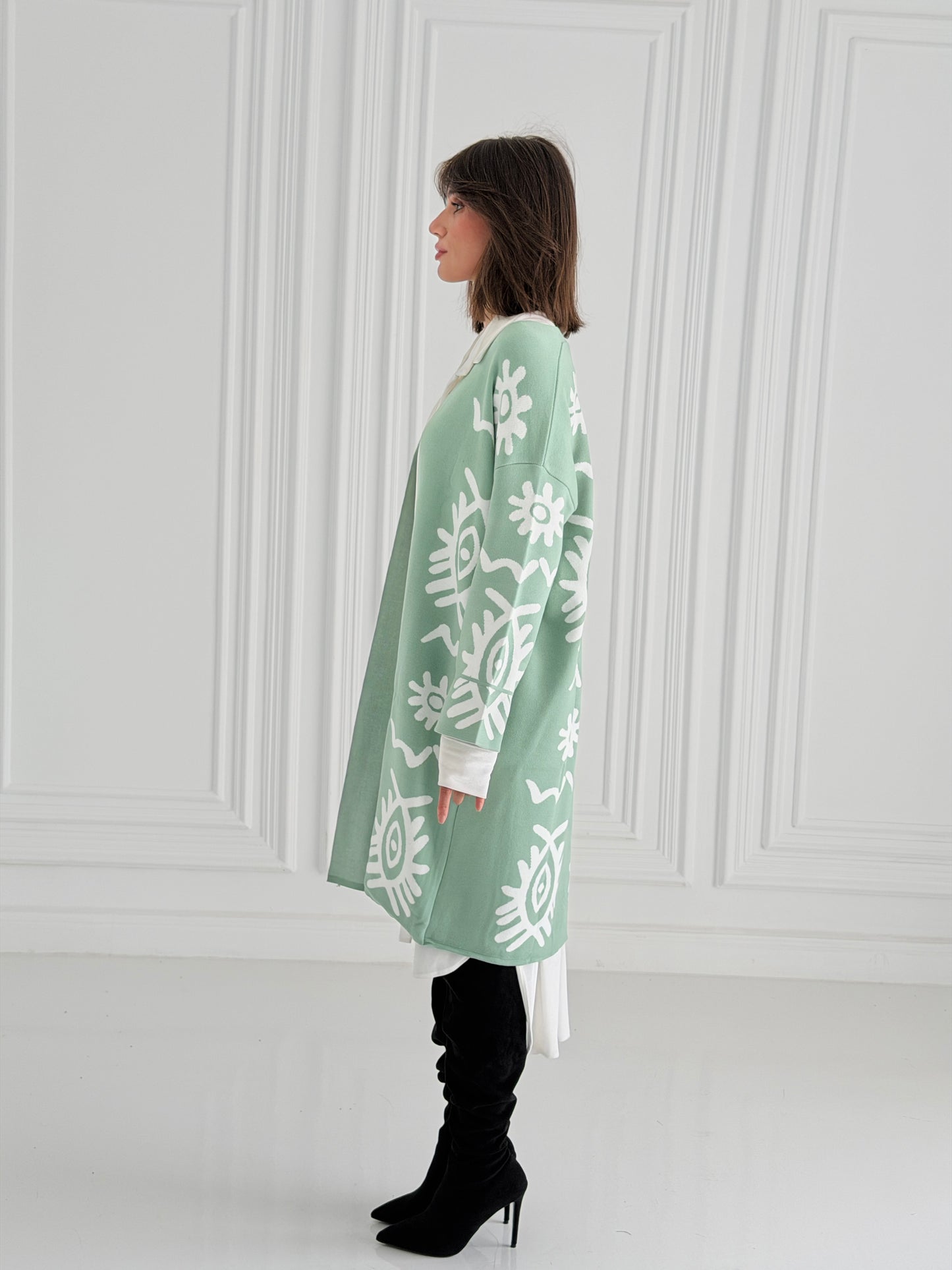 Boho Knitted coat In Mint