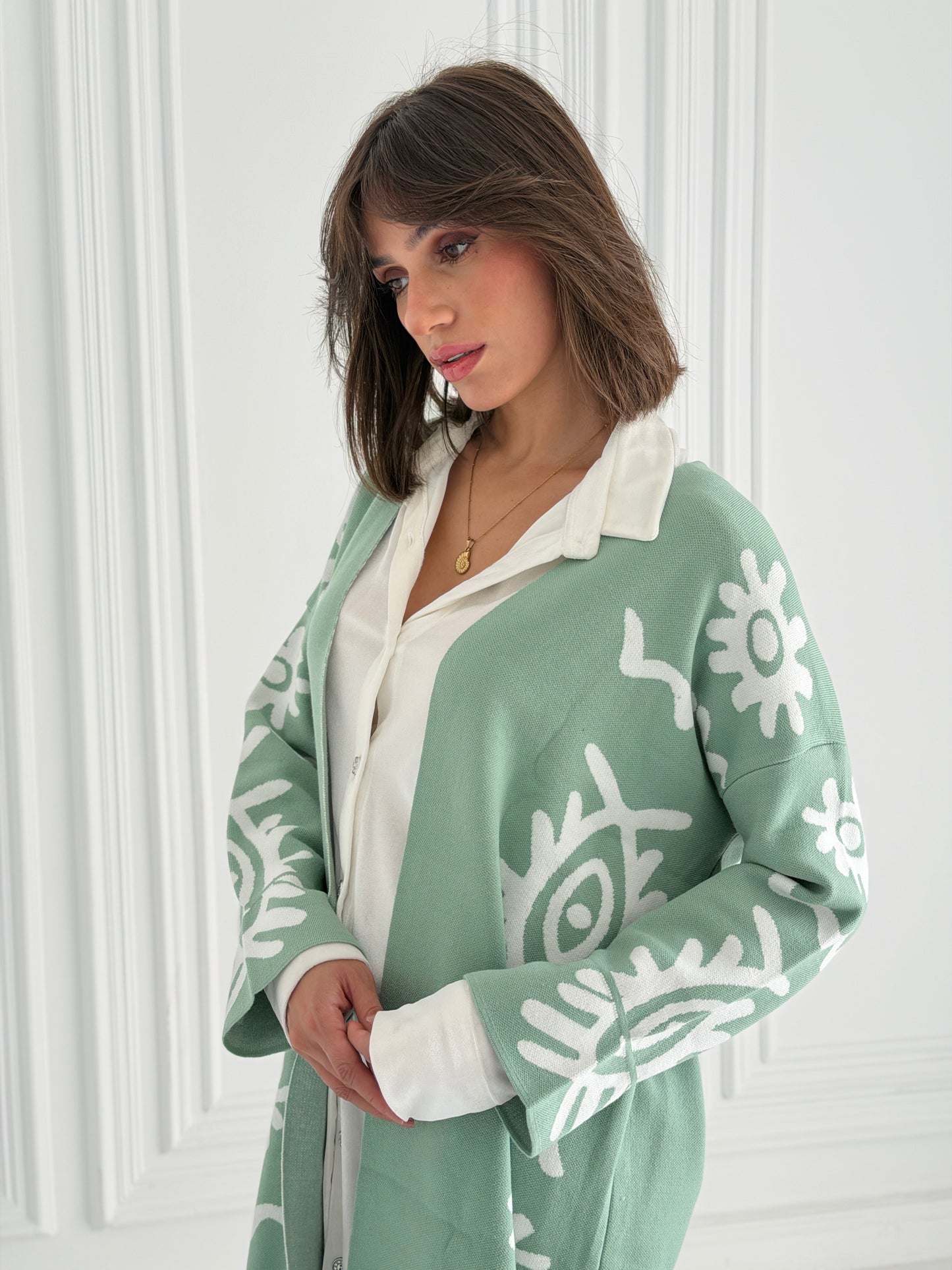 Boho Knitted coat In Mint