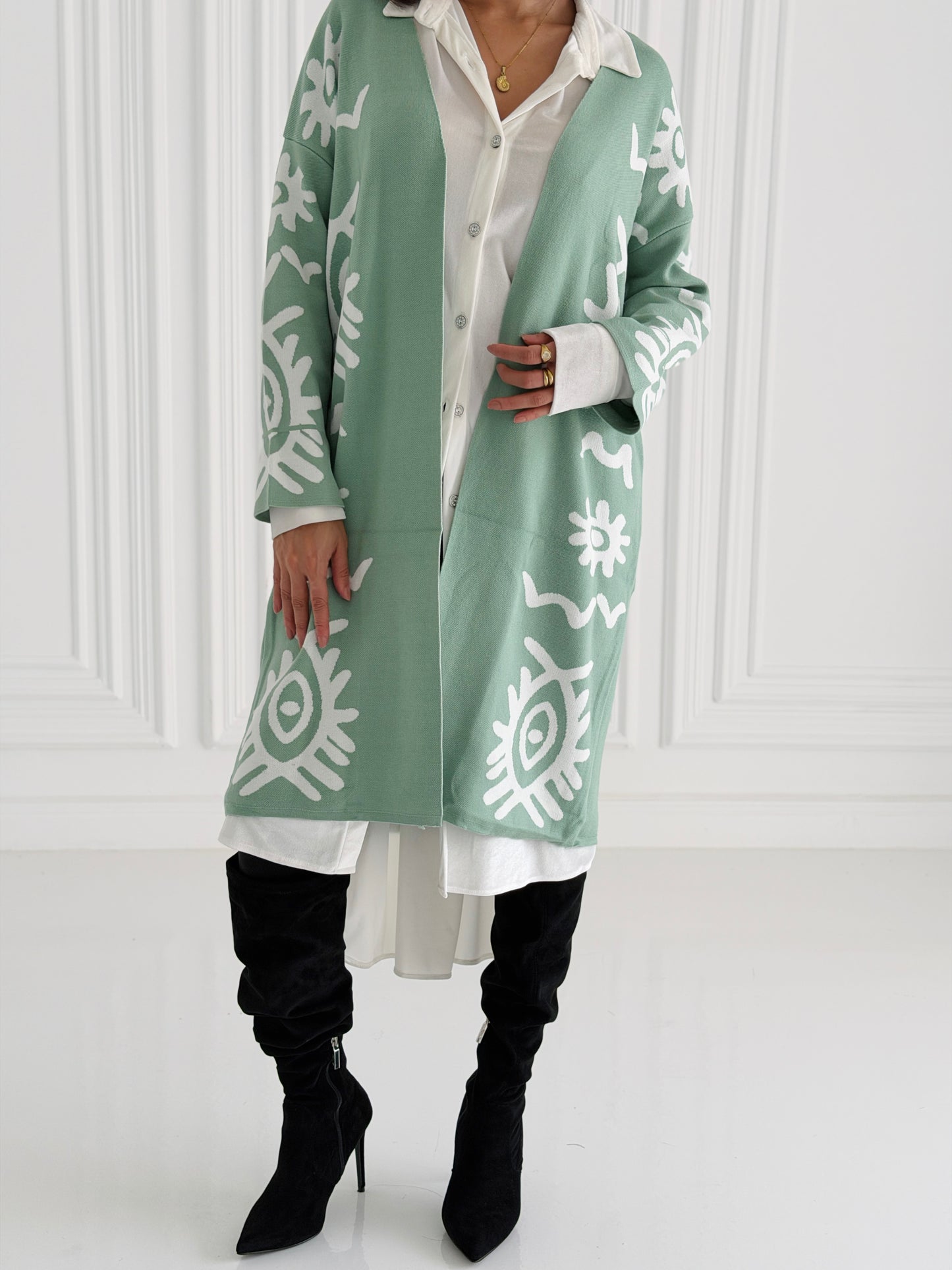 Boho Knitted coat In Mint