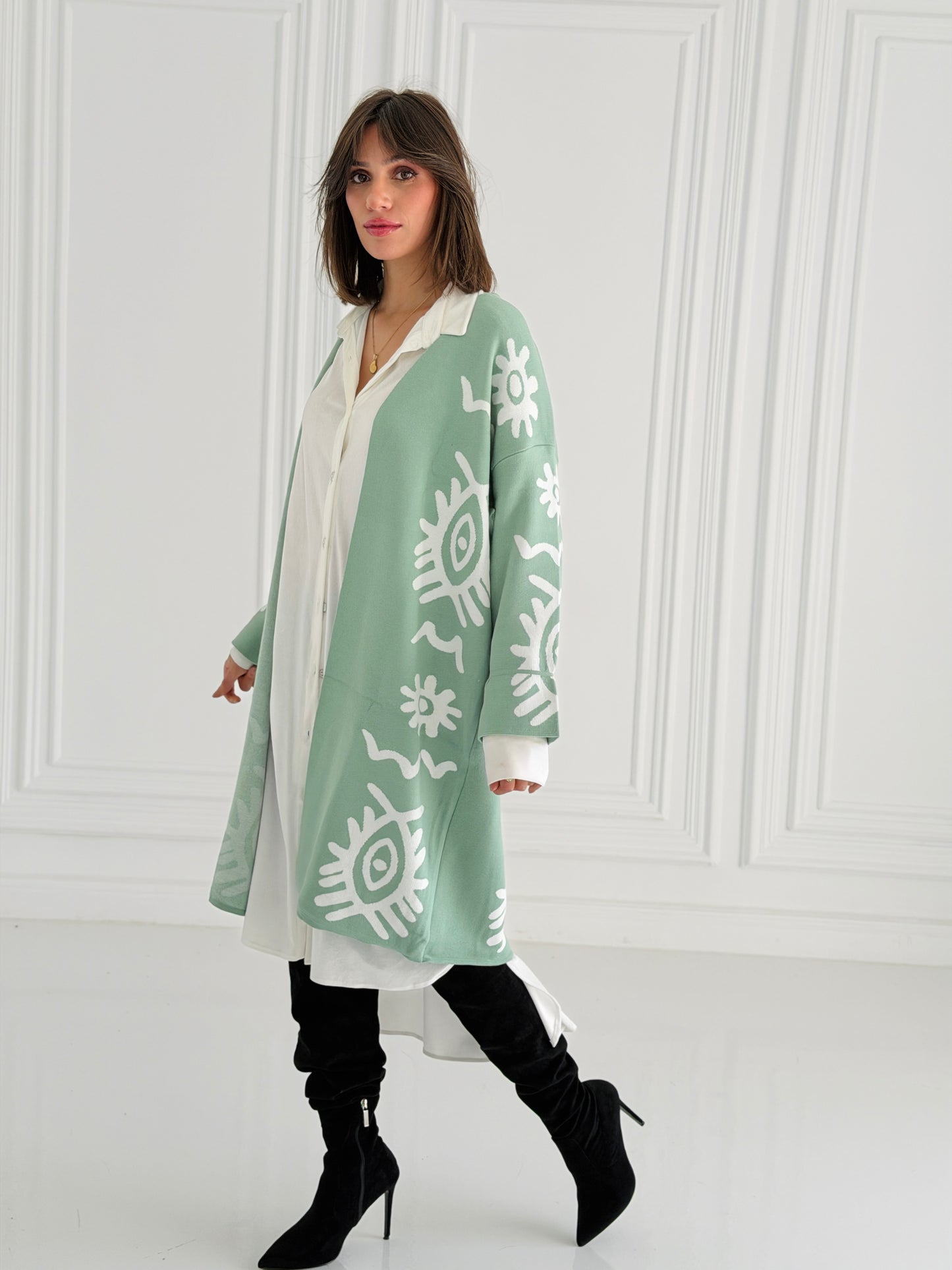 Boho Knitted coat In Mint