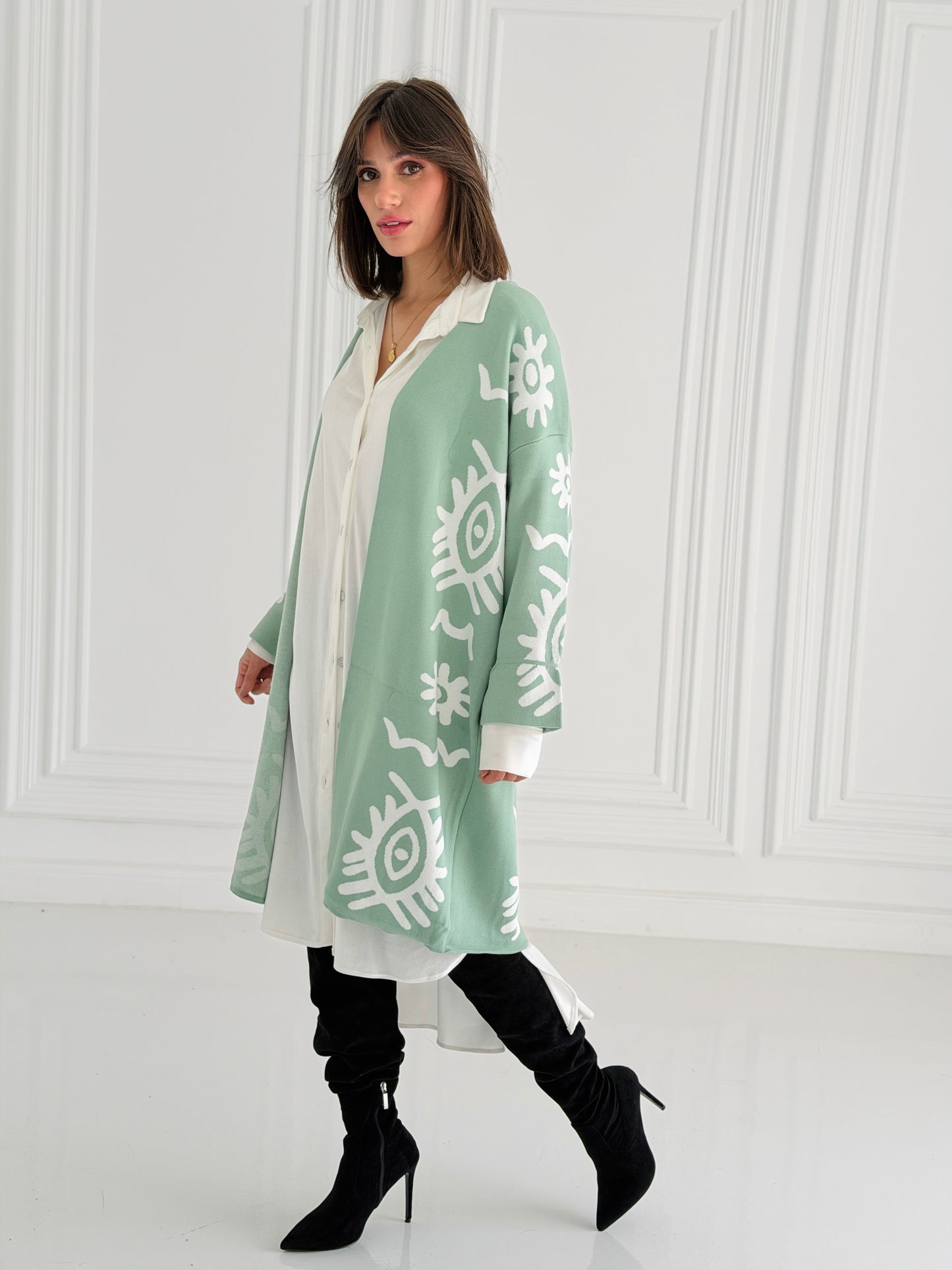 Boho Knitted coat In Mint