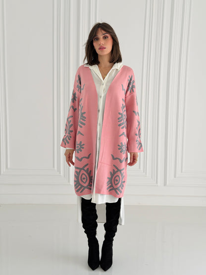 Boho Knitted coat In Pink