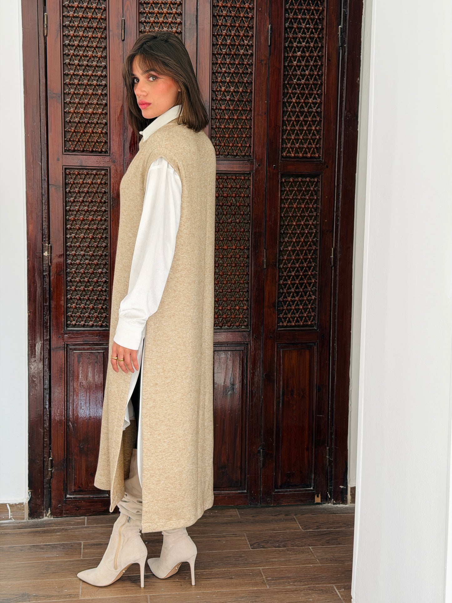 Shimmer Essence Knit Vest In Beige