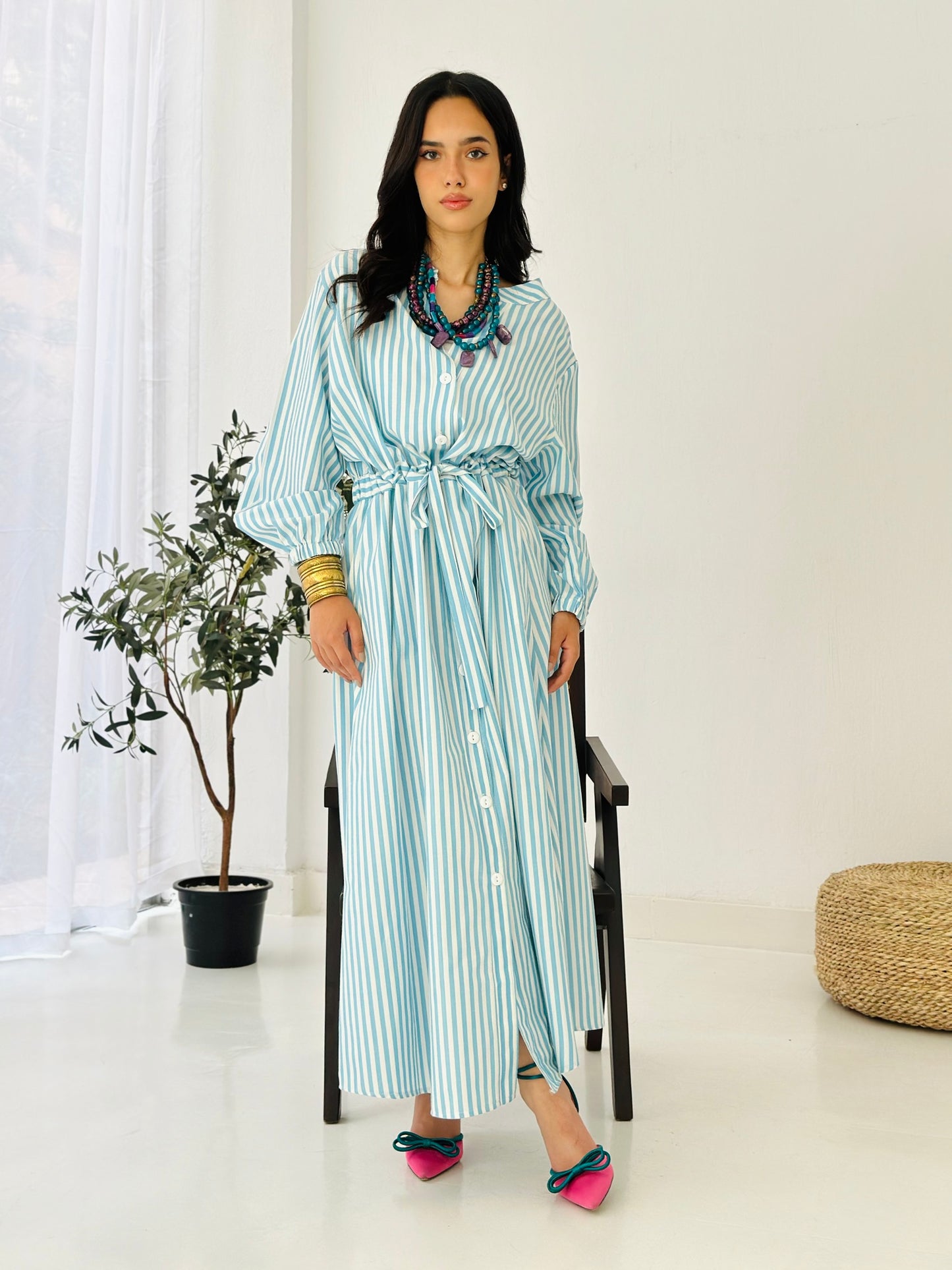 Linen Striped Dress - Blue