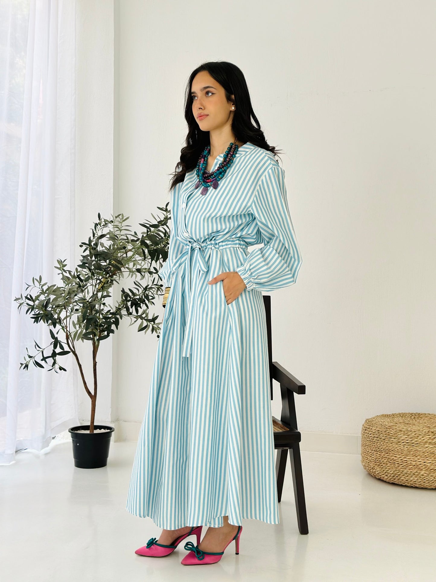 Linen Striped Dress - Blue