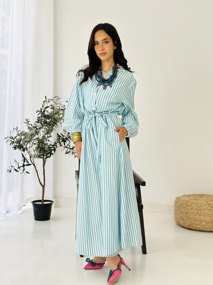 Linen Striped Dress - Blue