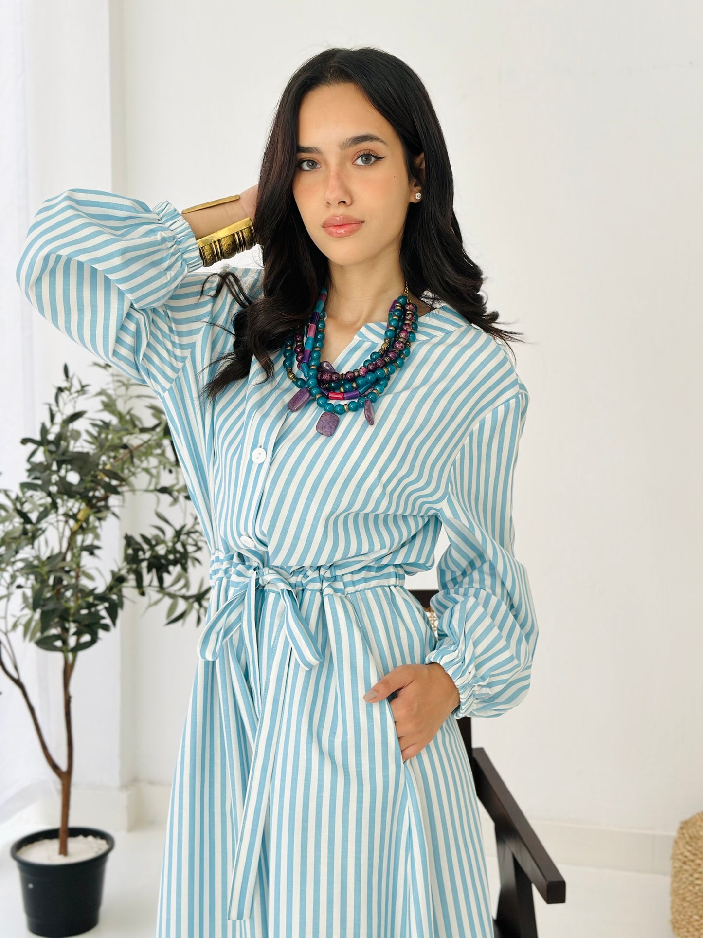 Linen Striped Dress - Blue