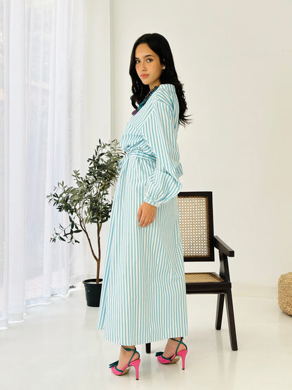 Linen Striped Dress - Blue