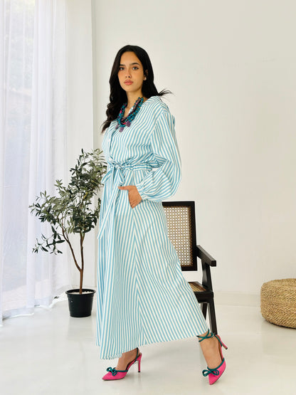 Linen Striped Dress - Blue