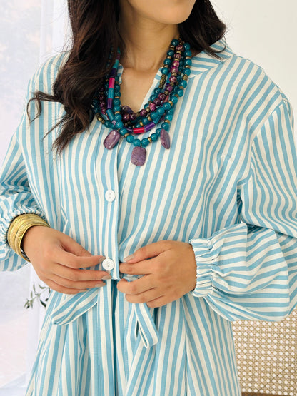 Linen Striped Dress - Blue