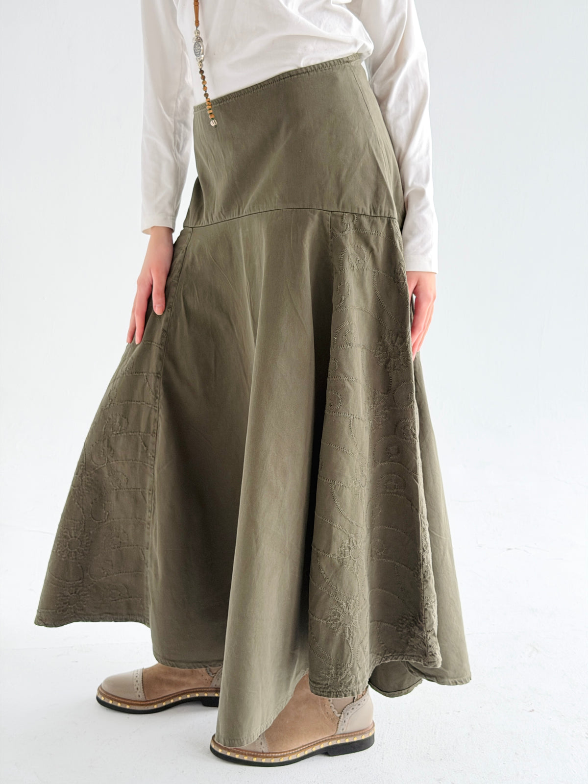 Denim Flow Skirt In Olive