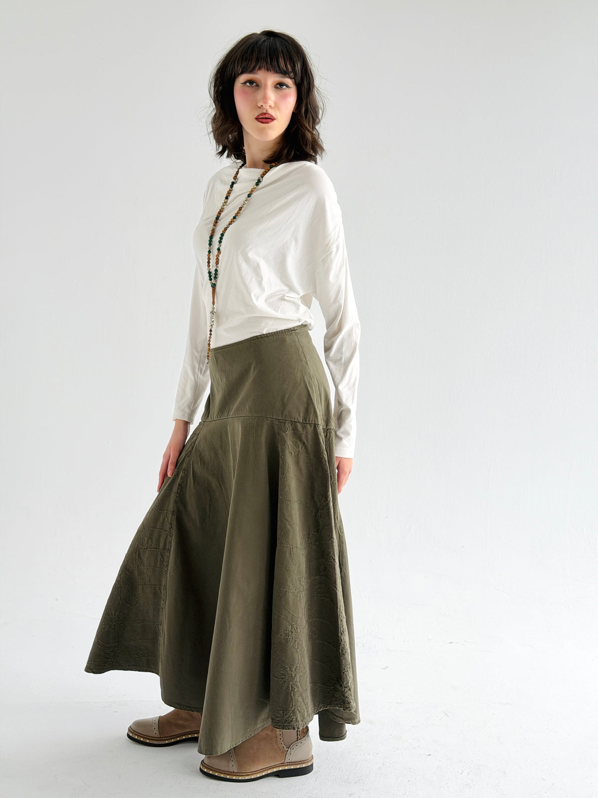 Denim Flow Skirt In Olive