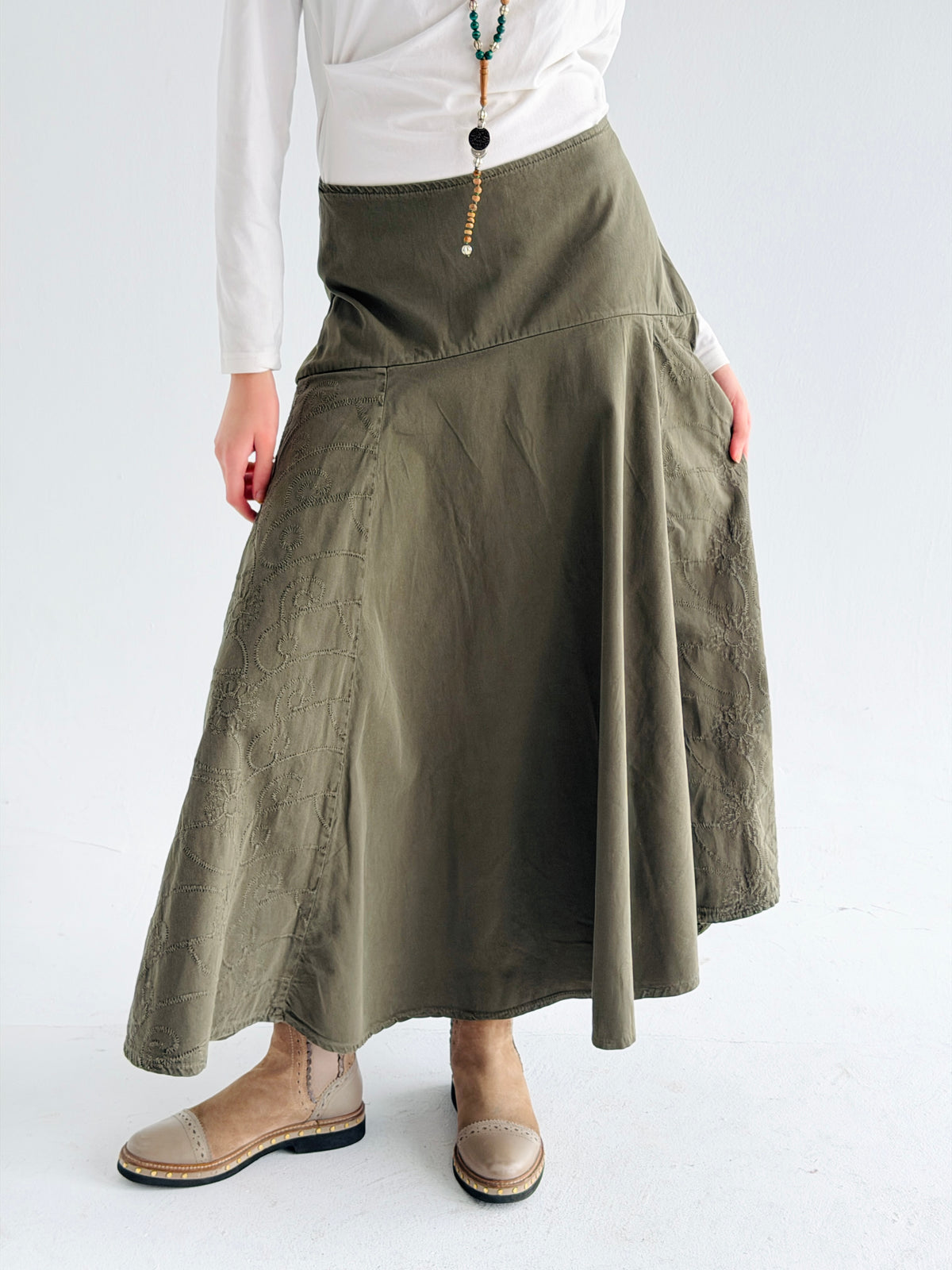 Denim Flow Skirt In Olive