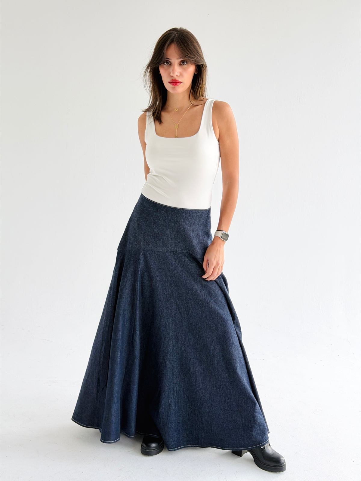 Denim Flow Skirt In Blue
