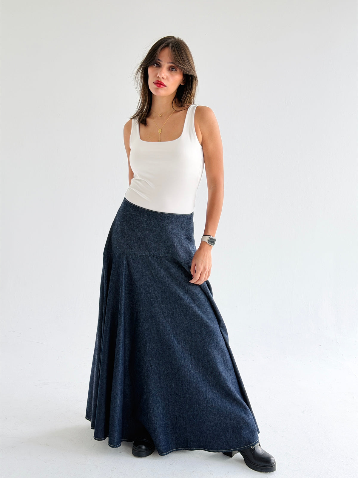 Denim Flow Skirt In Blue