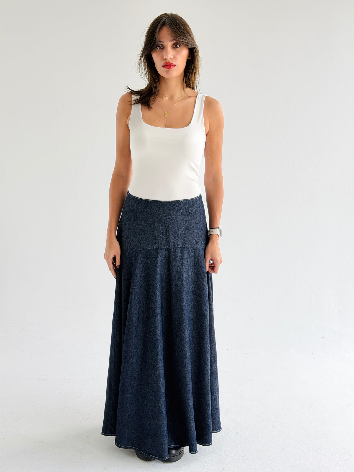 Denim Flow Skirt In Blue