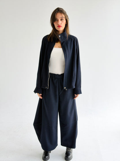 High collar check oversized jacket In Blue