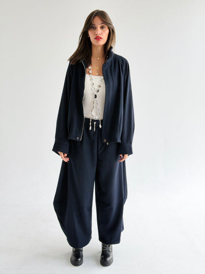High collar check oversized jacket In Blue