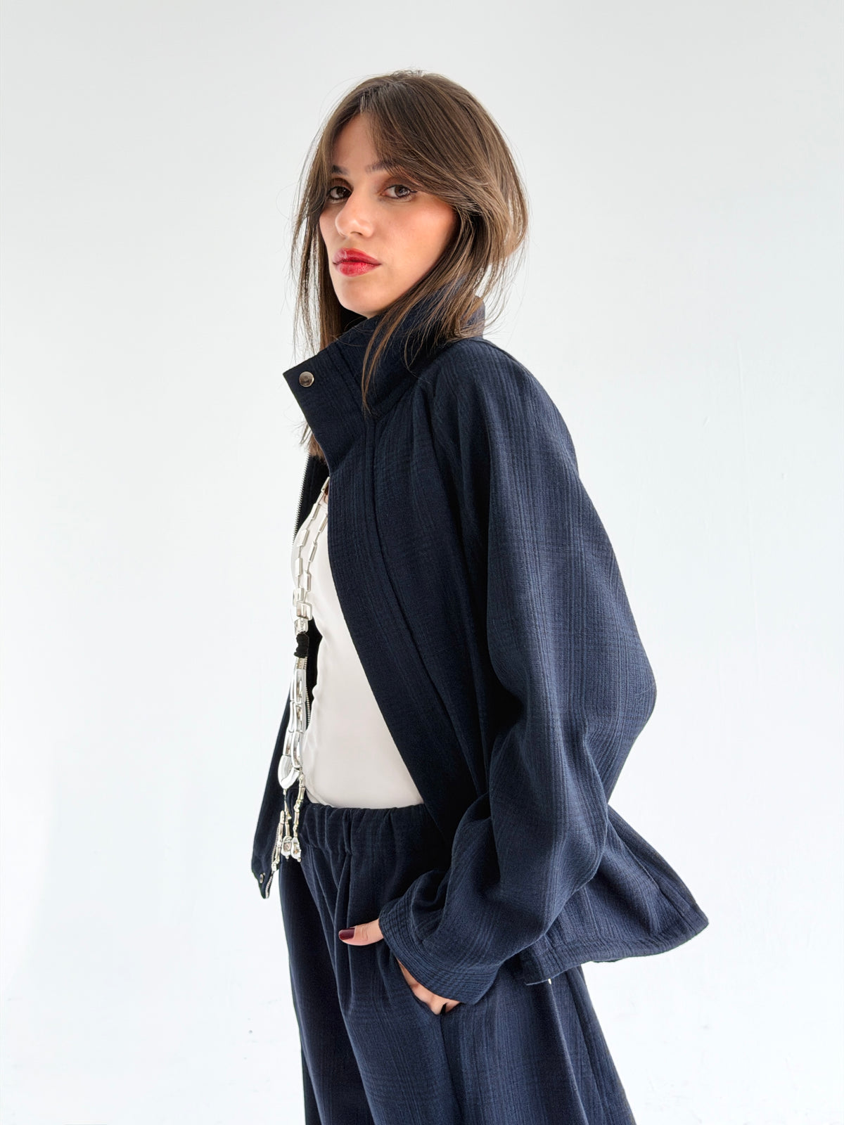 High collar check oversized jacket In Blue