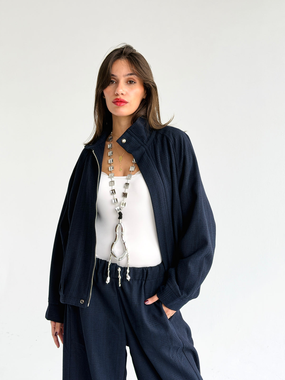 High collar check oversized jacket In Blue