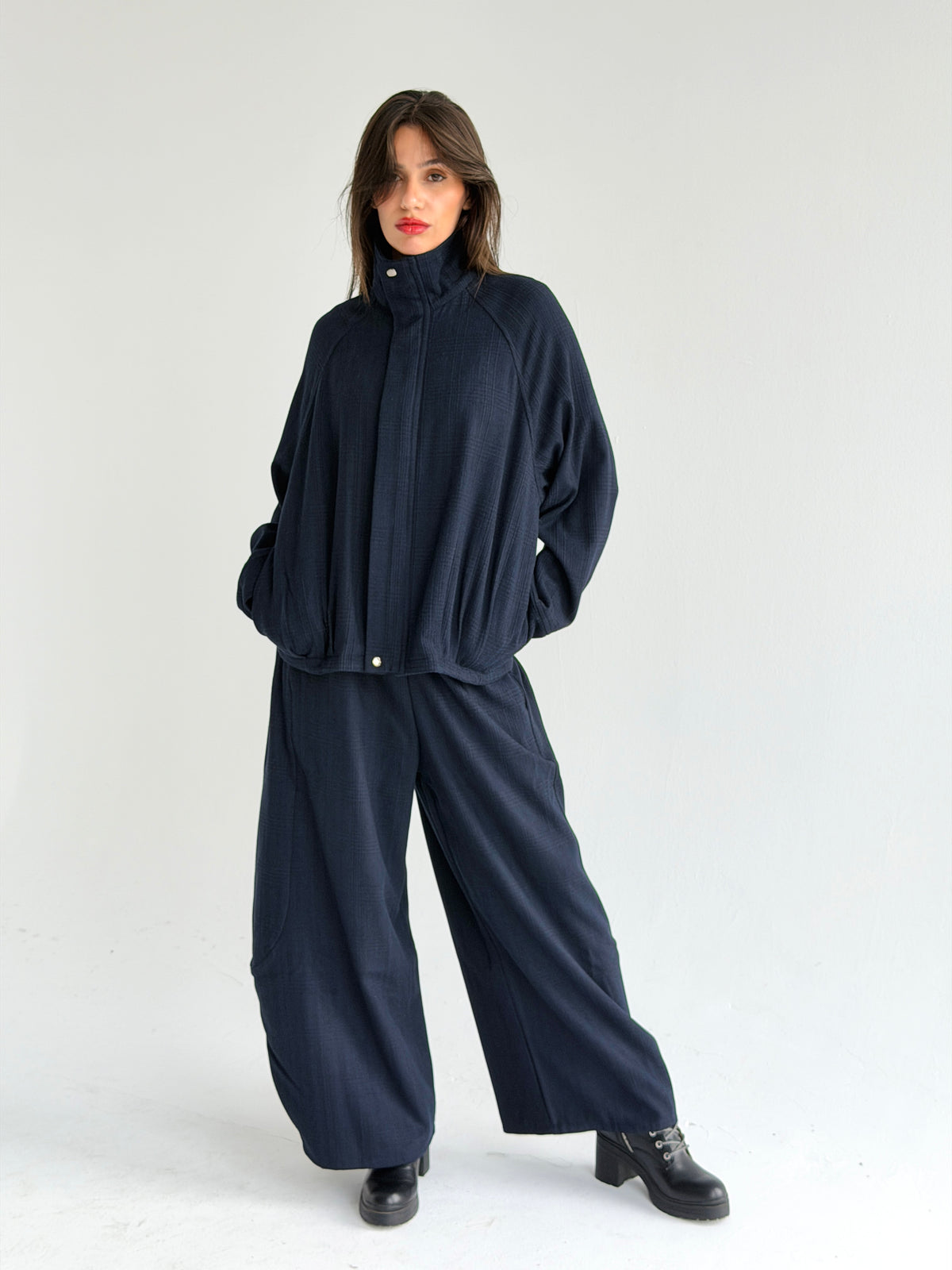 High collar check oversized jacket In Blue