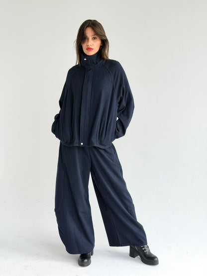 High collar check oversized jacket In Blue