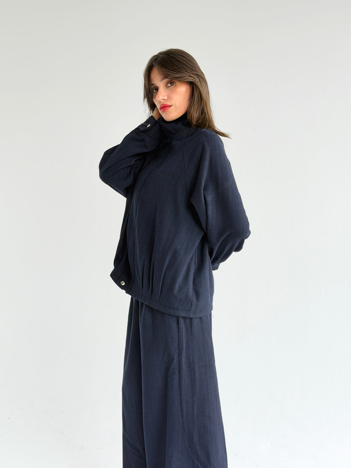High collar check oversized jacket In Blue